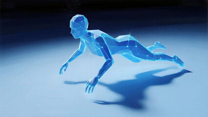 Blue geometric human figure in motion