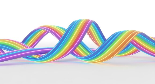 A rainbow-colored, twisted ribbon against a white background.