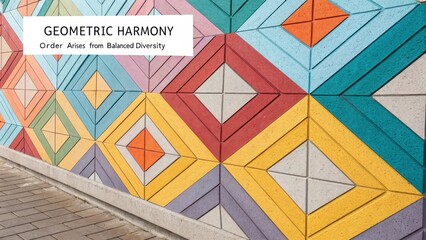 Vibrant Geometric Harmony Abstract Pattern on a Textured Building Facade.