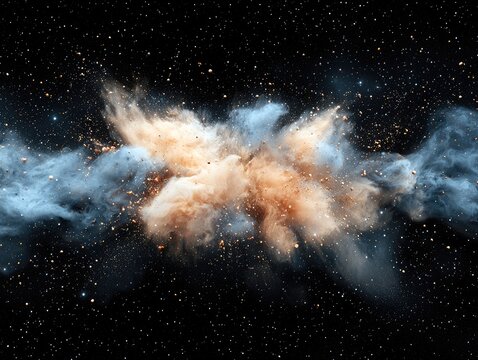 A dynamic, abstract explosion of light brown and blue powder, with small golden particles scattered throughout against a dark, star-filled background.