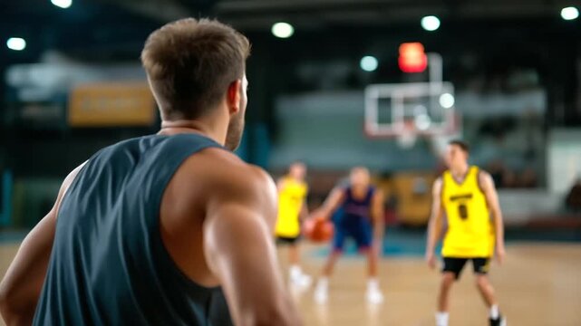 Defocused head area with sharp athletic body in sleeveless jersey positioned defensively on court, with copy space