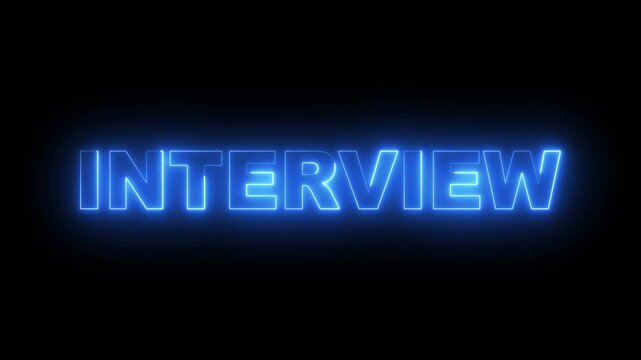 glowing neon interview text icon animation on black background. neon interview sign. blue neon interview video animation. 4k motion video. 