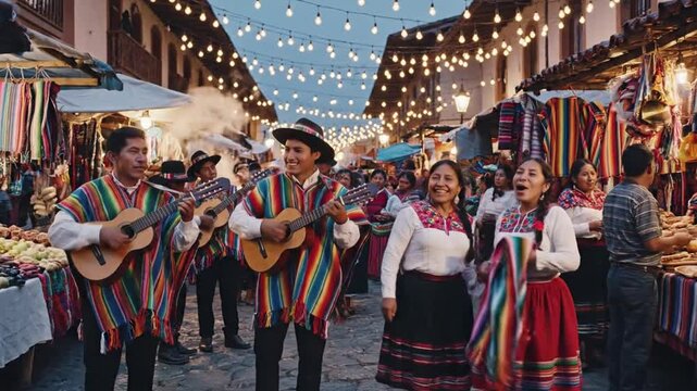 A joyous, bustling street scene featuring people in vibrant traditional clothing, lit by strings of lights