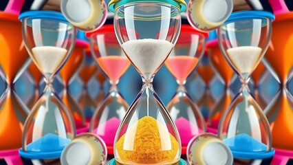 adhd. Colorful overlapping hourglasses with upward-flowing sand, depicting the unique perception of time in ADHD. wellbeing guides.

