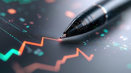 A close-up, macro shot of a black pen tip touching a red line on a digital screen displaying stock market data with green and orange glowing elements and bokeh