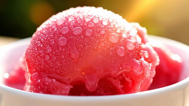 A glistening scoop of cold pink sorbet melts slightly in a white bowl catching the warm sunlight
