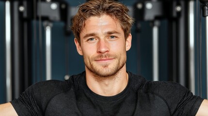 Obraz premium A handsome man with a beard and brown hair smiles at the camera while wearing a black t-shirt in a gym.