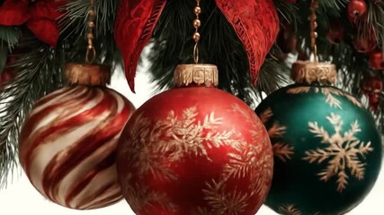 Holiday ornament display with red bow and colorful spheres on white background