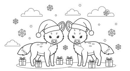 Obraz premium Adorable Winter Foxes in Santa Hats Coloring Page for Children's Holiday Joy