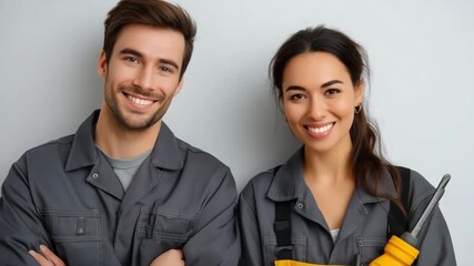 Young caucasian male and asian female workers smiling in gray uniforms with tools