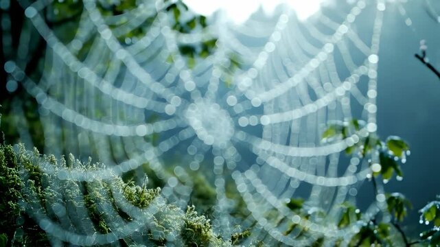 A close up of a delicate spider web covered in glistening dewdrops in the early morning light
