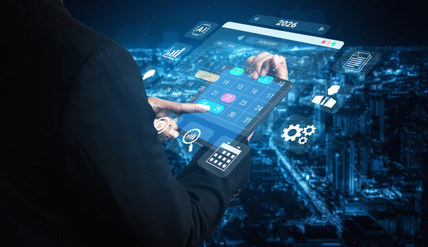 2026 calendar interface surrounded by AI, data, and business icons representing scheduling, planning, and productivity management Parse