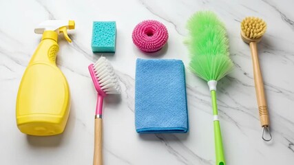A vibrant arrangement of colorful cleaning supplies on a marble surface. - Powered by Adobe