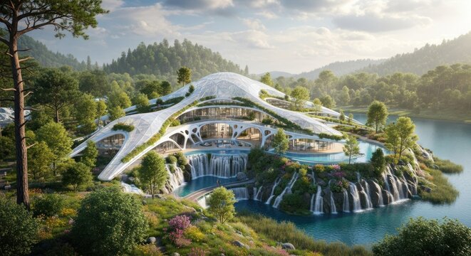 A futuristic, eco-friendly, floating island with a waterfall, greenery, and a lake in a lush, forested area.