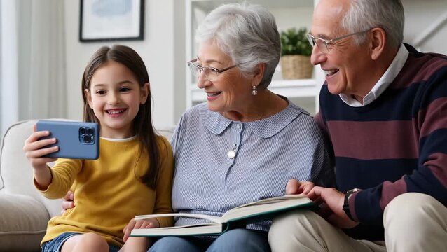 Family Bonding: A Young Girl Takes a Selfie with Her Grandparents at Home