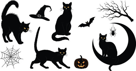 Halloween Collection Set with Black Cats in Various Poses Witch Hat Spiderweb Jack-o'-Lantern Moon Bat and Spooky Tree Vector Illustration Isolated