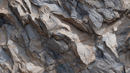 A detailed view of a rough, weathered rock face with varied grey, blue, and brown tones, showcasing natural textures and deep shadows.