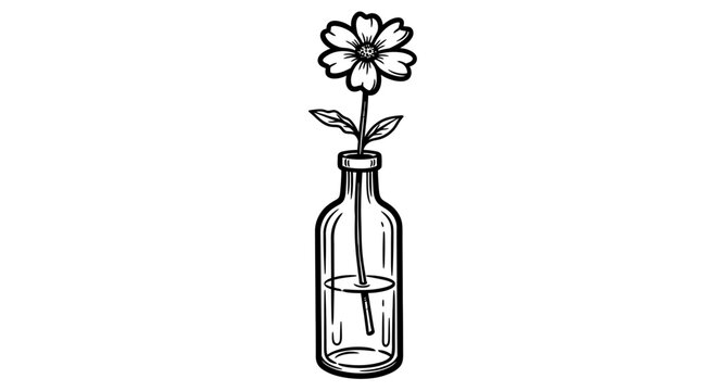 Elegant single line drawing of a daisy in a glass bottle conveying minimalist design simplicity