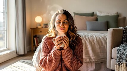 A woman enjoying a warm drink in a cozy home setting.