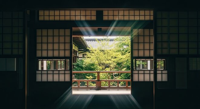 Dramatic sunbeams stream into a dark, traditional room with paper screen walls, framing a serene view of a lush green garden from an open doorway on a wooden veranda
