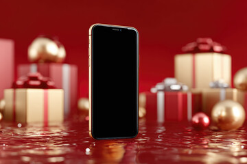 Mockup of smartphone with black blank screen surrounded by Christmas gifts on red background with side. Concept of festive background or advertisement.