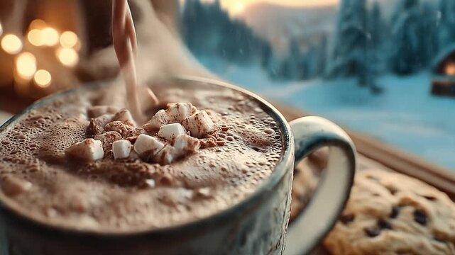 Hot cocoa pouring into mug with marshmallows cookie winter view