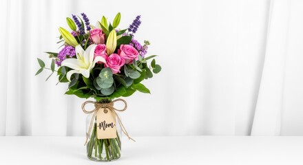 A pink and white flower arrangement in a vase with a tag that says 'Mom'. The flowers include lilies, roses, and lavender.