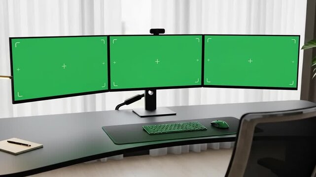 A sleek modern workspace featuring three green screens on a curved desk.