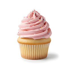 Delectable Cupcake Delight: A single, elegantly crafted cupcake with a swirl of vibrant pink frosting, adorned with colorful sprinkles, promising a sweet and joyous experience.