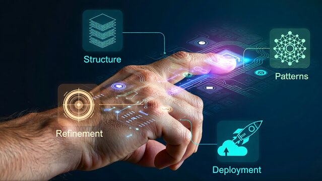 Innovative technology concept with hand interacting with structure, patterns, refinement, and deployment for modern business solutions