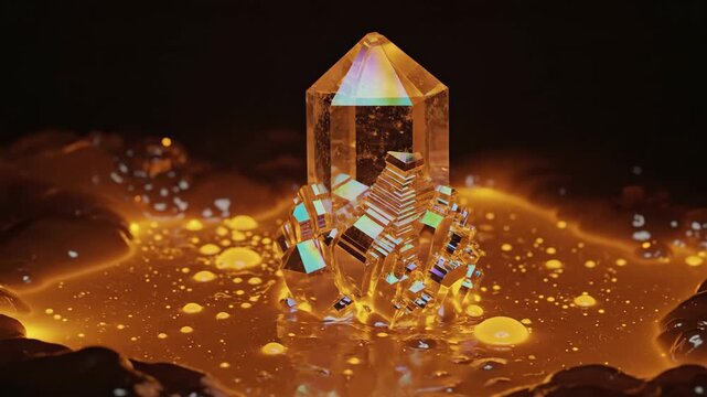 A single perfectly formed iridescent crystal emerges from glowing molten liquid
