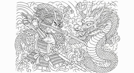 Samurai warrior in armor fighting a fierce dragon with a katana.