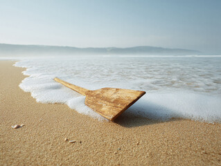 Lost wooden paddle on a sandy beach, embraced by gentle waves. Evokes serenity, journeys end, or abandonment. Ideal for travel, nautical themes or personal reflection.