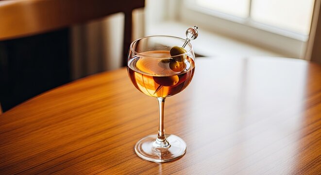 An elegant amber-colored cocktail garnished with green olives on a pick, served in a stemmed glass on a wooden table in a sophisticated, sunlit bar or restaurant setting