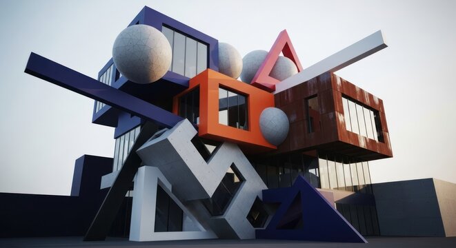 A futuristic, abstract building with geometric shapes and large spheres.