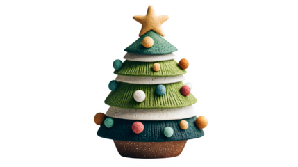 Cute DIY-style clay Christmas tree featuring textured green layers, multicolored festive bulbs, and a shiny clay star at the top, cozy handcrafted charm, isolated on white background 