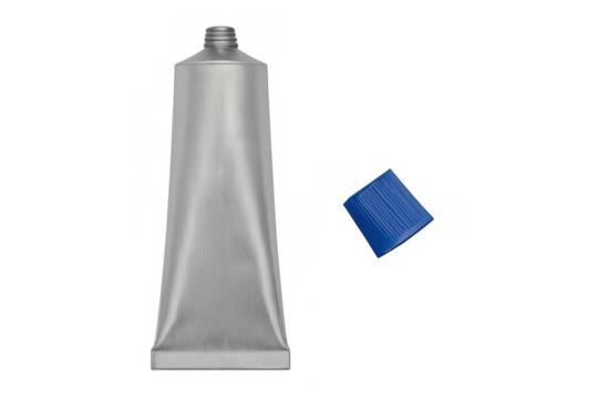 Blank silver paint tube with a blue cap providing space for custom branding, representing art, creativity, and design
