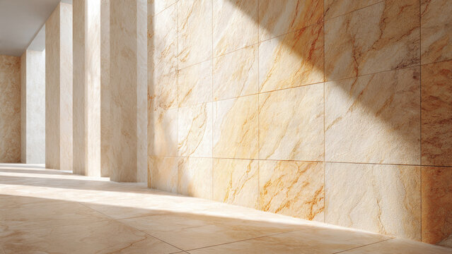 Sunlit modern interior hallway with elegant beige marble tiles covering walls and floor, featuring architectural columns. A luxurious and serene aesthetic.
