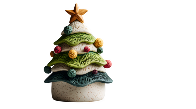 Cute DIY-style clay Christmas tree featuring textured green layers, multicolored festive bulbs, and a shiny clay star at the top, cozy handcrafted charm, isolated on white background 