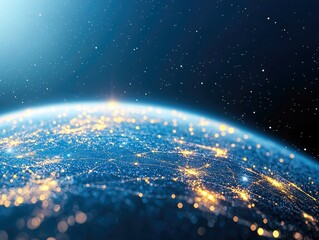 Obraz premium A view of planet Earth from space at night, illuminated by countless city lights and surrounded by a starry sky.