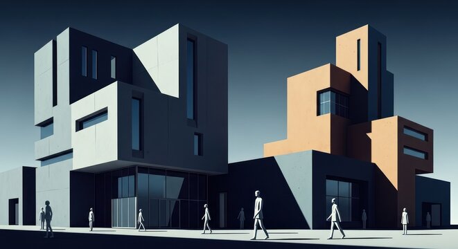 A futuristic cityscape with a mix of modern and abstract architecture.