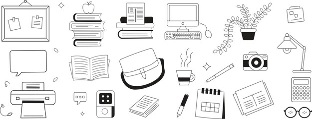 Doodle set for office work.  Work desk, office computer, and notebook doodle icon.  illustration in the form of a hand-drawn sketch.  Hand-drawn items related to business and education.  Vector set