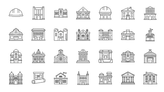Set of university, bank, and courthouse building line icons for architectural design projects