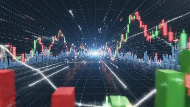 Abstract 3d financial charts with red and green bars morph and shift in a futuristic digital space with glowing lights and network lines representing market data and investment trends
