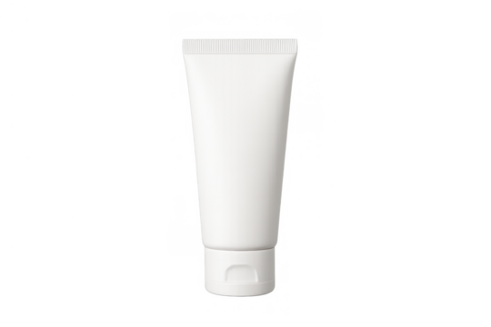 White cosmetics tube for cream, hand lotion, or skincare product, blank packaging mockup on transparent background