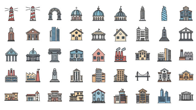 Collection of colorful building and architecture line icons for urban and city design concepts