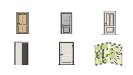 Collection of assorted doors and a folded map illustration
