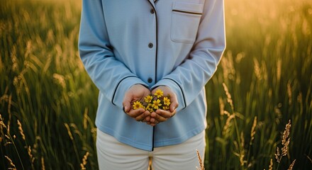 Close-up of a person's hands gently holding delicate yellow wildflowers in a serene meadow with warm, golden sunlight creating a peaceful and natural atmosphere