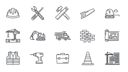 Construction tools and equipment icon set for building and repair projects