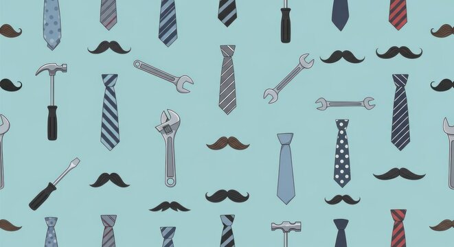 A pattern of ties, tools, and mustaches on a blue background.